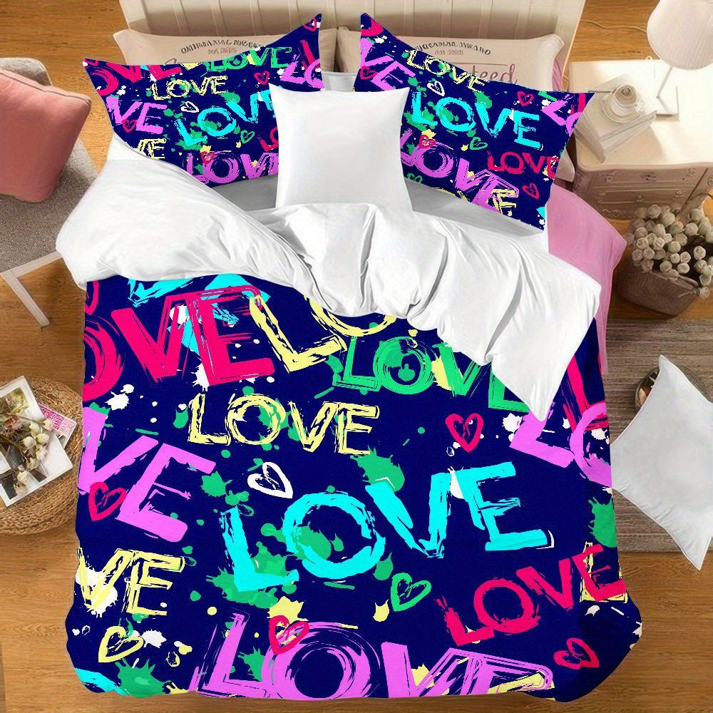 3pcs Modern Love Pattern Bedding Set - Graffiti Design Duvet Cover with Pillowcases, Navy Blue & Multicolor Love Lettering, Soft Microfiber All-Season Bedding for Teen Room Decor, 1 Duvet Cover + 2 Pillowcases, Machine Washable Zipper Closure, Digital