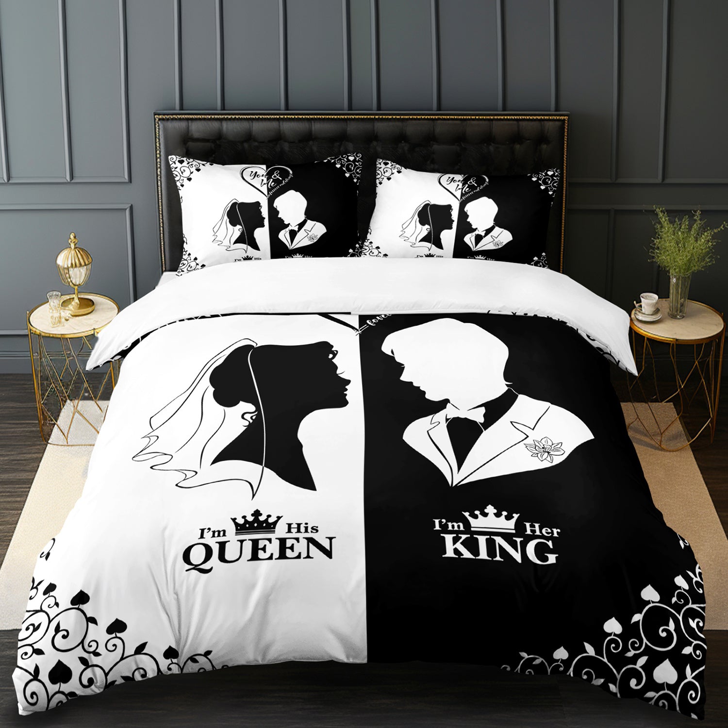 3pcs King Queen Couple 3D Digital Printed Duvet Cover Set Wedding Bedding Set for Four Season Black and White Bedding for Bedroom or Guest Room Decor Polyester Comforter Cover Gift 1 Quilt Cover+2 Pillowcases