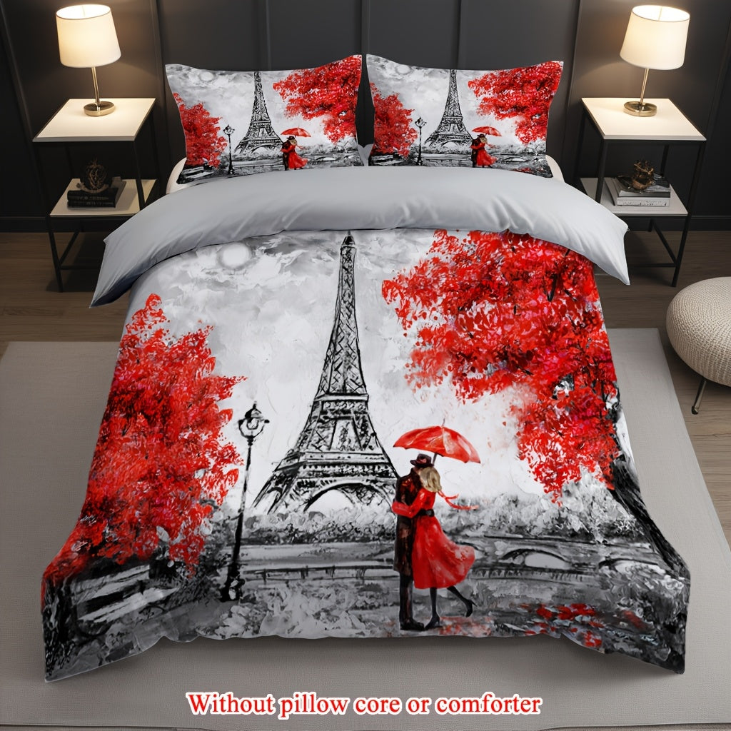 2/3pcs (1 Duvet Cover + 1/2 Pillowcase, Without Core) Red Petals Romantic France Paris Eiffel Tower Valentine'S Day Rainy Romantic Couple Print Soft Comfortable Bedding Set for Bedroom Dorm Room Family Gift