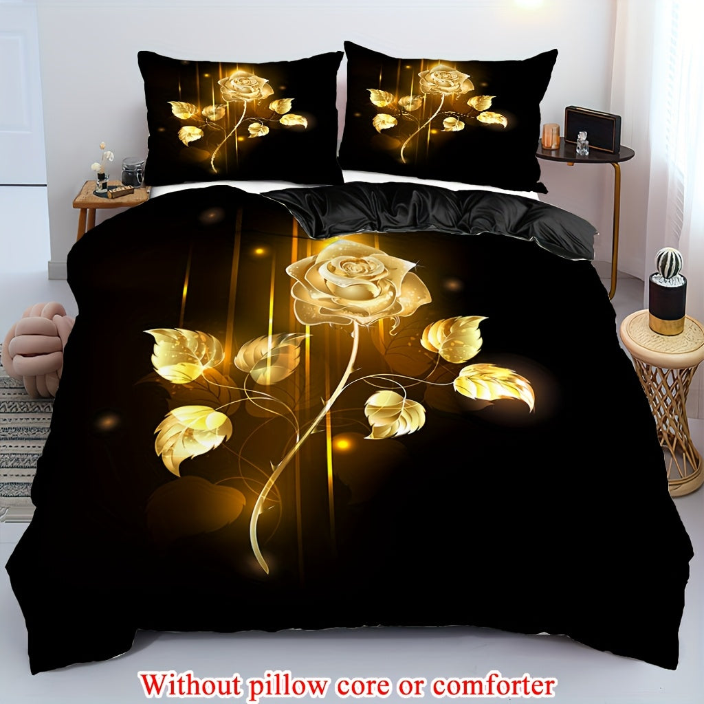 2/3pcs (1 Duvet Cover + 1/2 Pillowcase, Without Core) Golden Rose Flowers Romantic Valentine's Day Branch Flower Garden Couple Print Soft Comfortable Bedding Set for Bedroom Dorm Room Family Gift