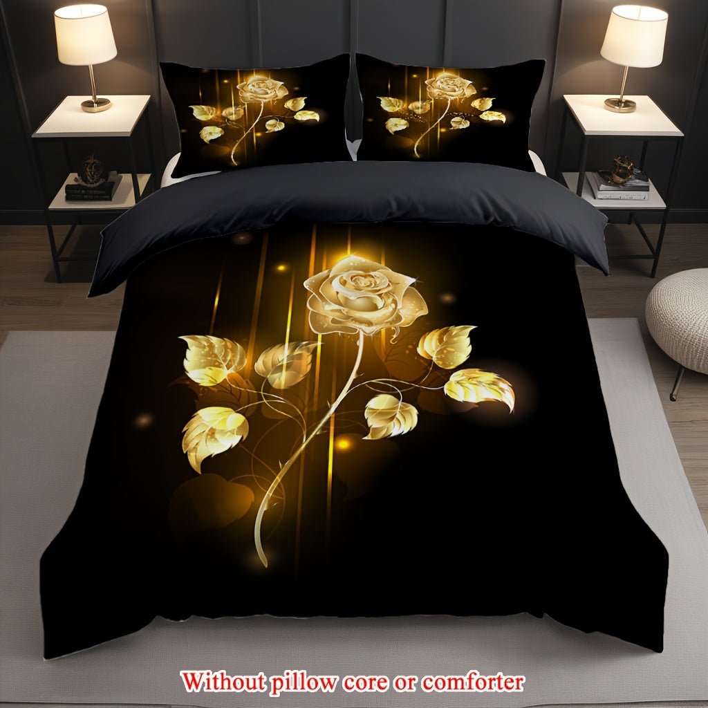 2/3pcs (1 Duvet Cover + 1/2 Pillowcase, Without Core) Golden Rose Flowers Romantic Valentine's Day Branch Flower Garden Couple Print Soft Comfortable Bedding Set for Bedroom Dorm Room Family Gift