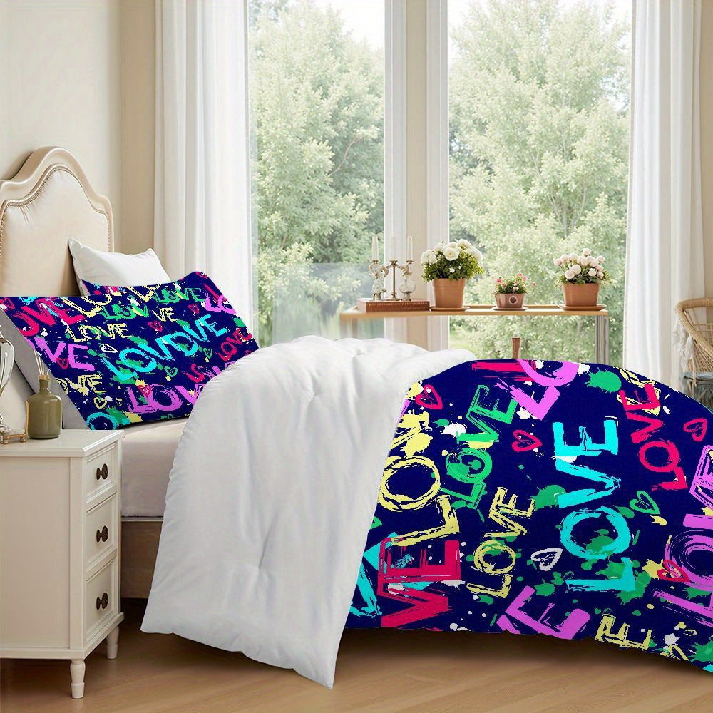 3pcs Modern Love Pattern Bedding Set - Graffiti Design Duvet Cover with Pillowcases, Navy Blue & Multicolor Love Lettering, Soft Microfiber All-Season Bedding for Teen Room Decor, 1 Duvet Cover + 2 Pillowcases, Machine Washable Zipper Closure, Digital
