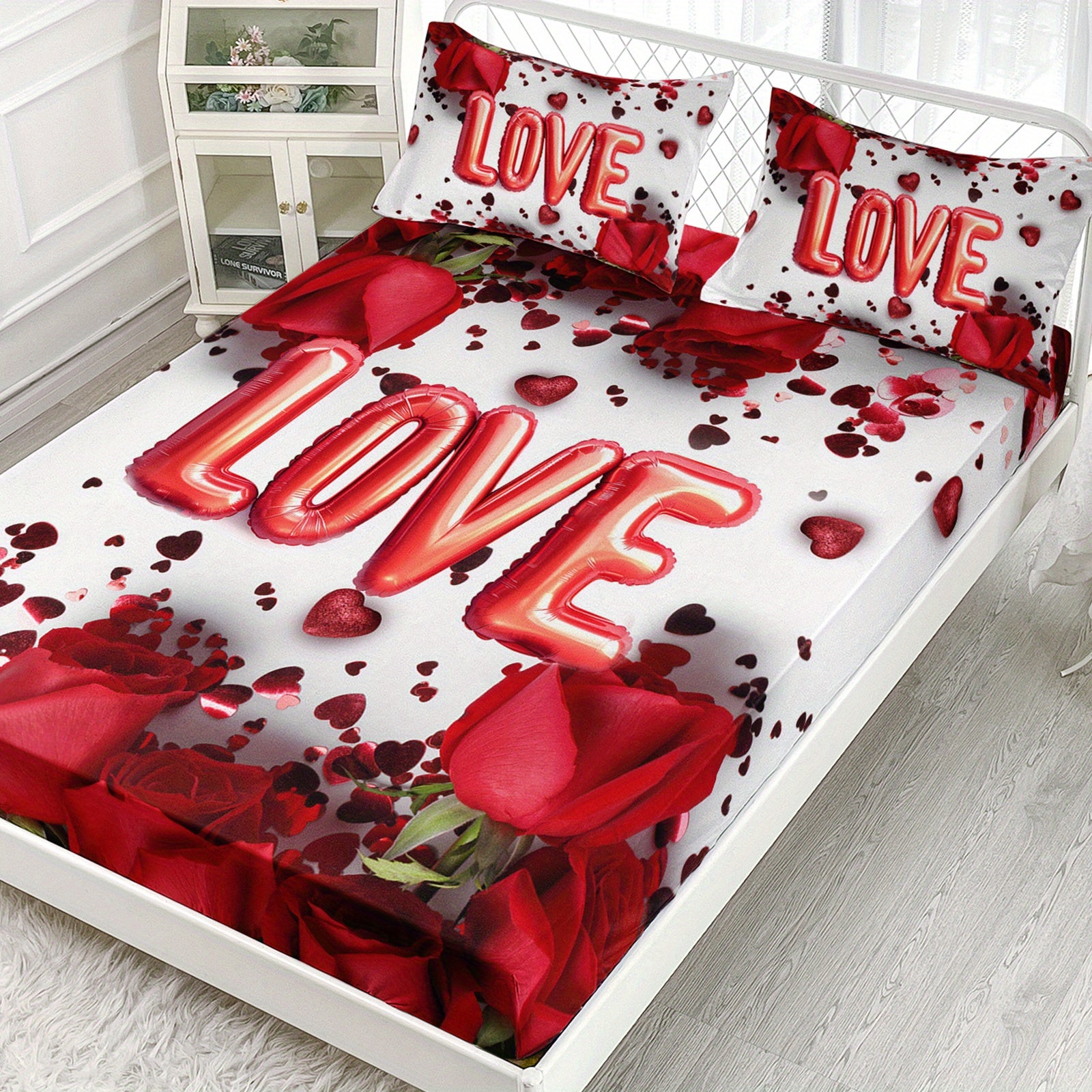 3pcs Romantic Rose Love Balloons Fitted Sheets Valentine's Day Bedding Set Couple Bedroom Decor Four Seasons (1Fitted Sheets + 2Pillowcases NO Flat Sheet)