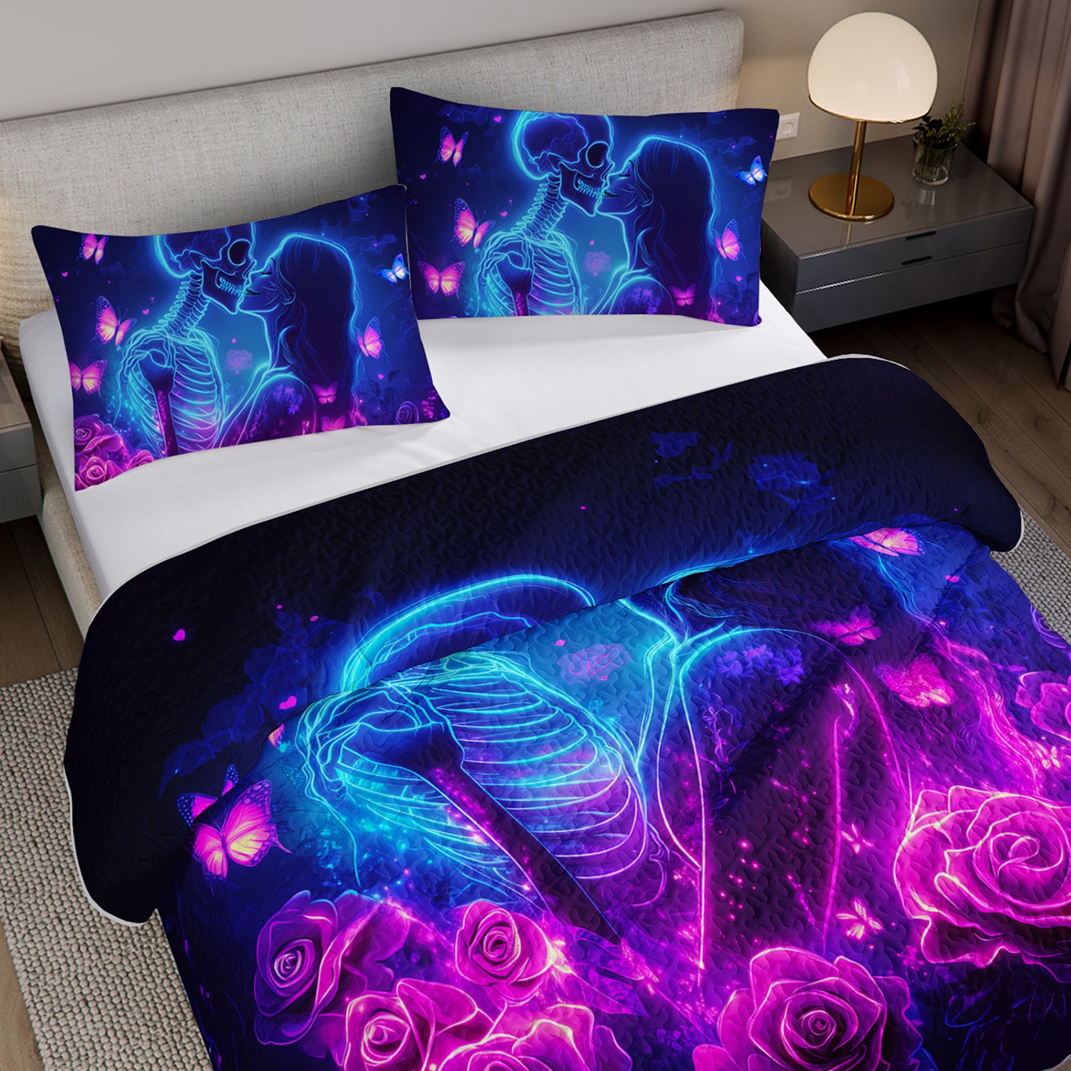 3pcs Romantic Skeleton Couple Rose Butterfly Bed Cover Set - Neon Glowing Roses Quilt, Bohemian Bedroom Decor, Four Seasons, 1 Quilt + 2 Pillowcases, Polyester, Machine Washable, Digital Print, 250-300gsm, Bedroom Decor And Accessories