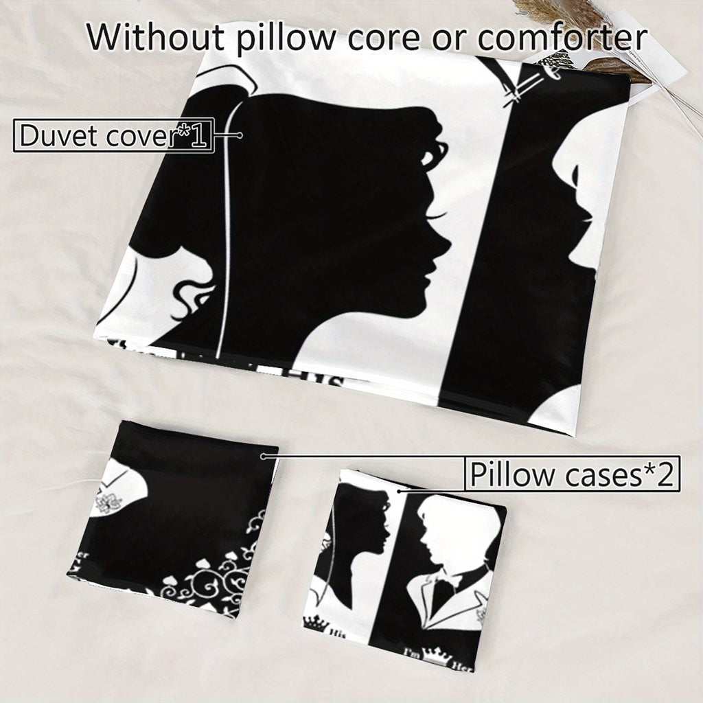 3pcs King Queen Couple 3D Digital Printed Duvet Cover Set Wedding Bedding Set for Four Season Black and White Bedding for Bedroom or Guest Room Decor Polyester Comforter Cover Gift 1 Quilt Cover+2 Pillowcases