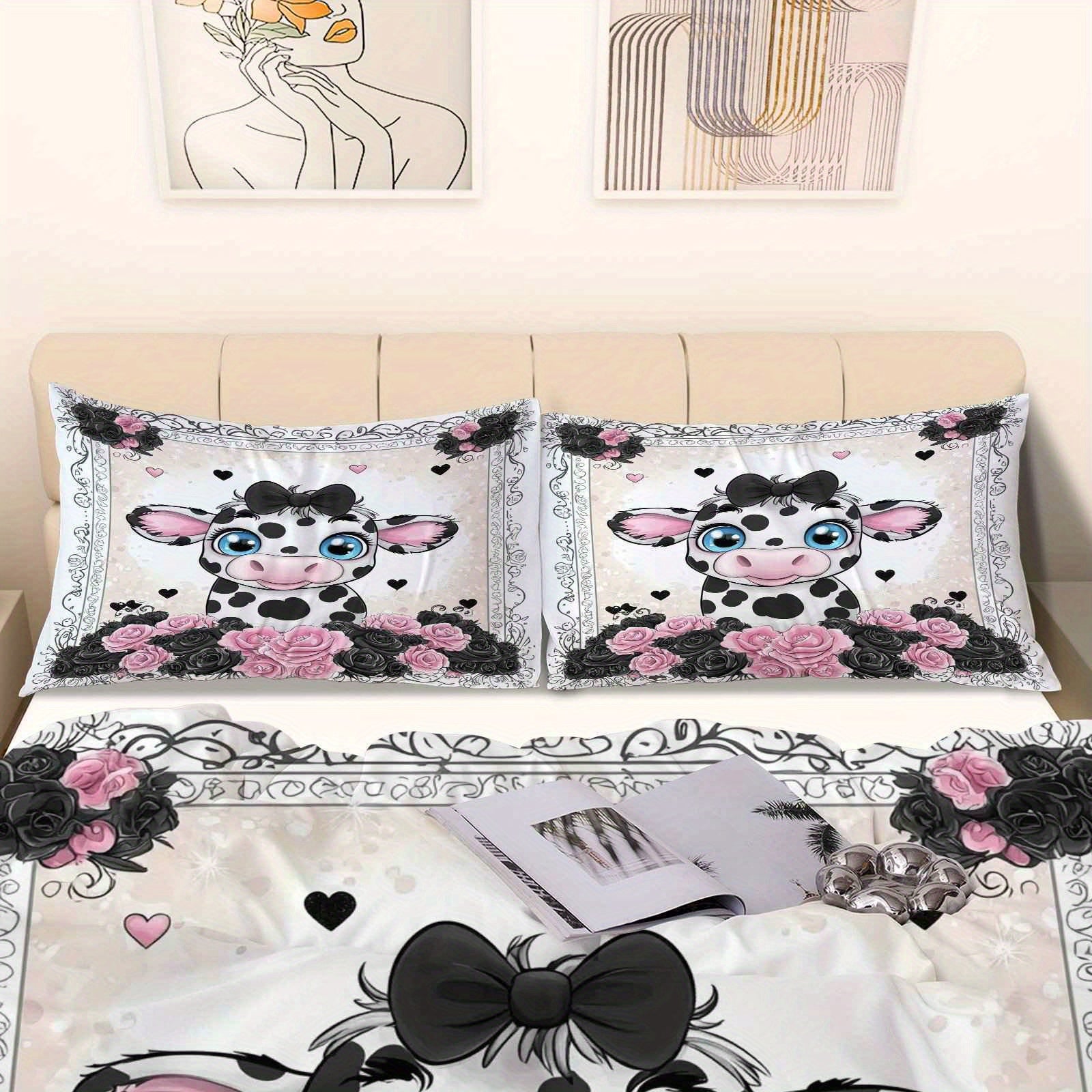 3pcs Duvet Cover Set, 1 Duvet+2 Pillowcases(Without filler), Pink Black Rose Cow Pattern theme, Valentine's bedding set, Elegant Romantic Suitable for decoration Bedroom Guestroom Wedding Room Holiday House, Holiday Decoration, Home Styling, Stylish