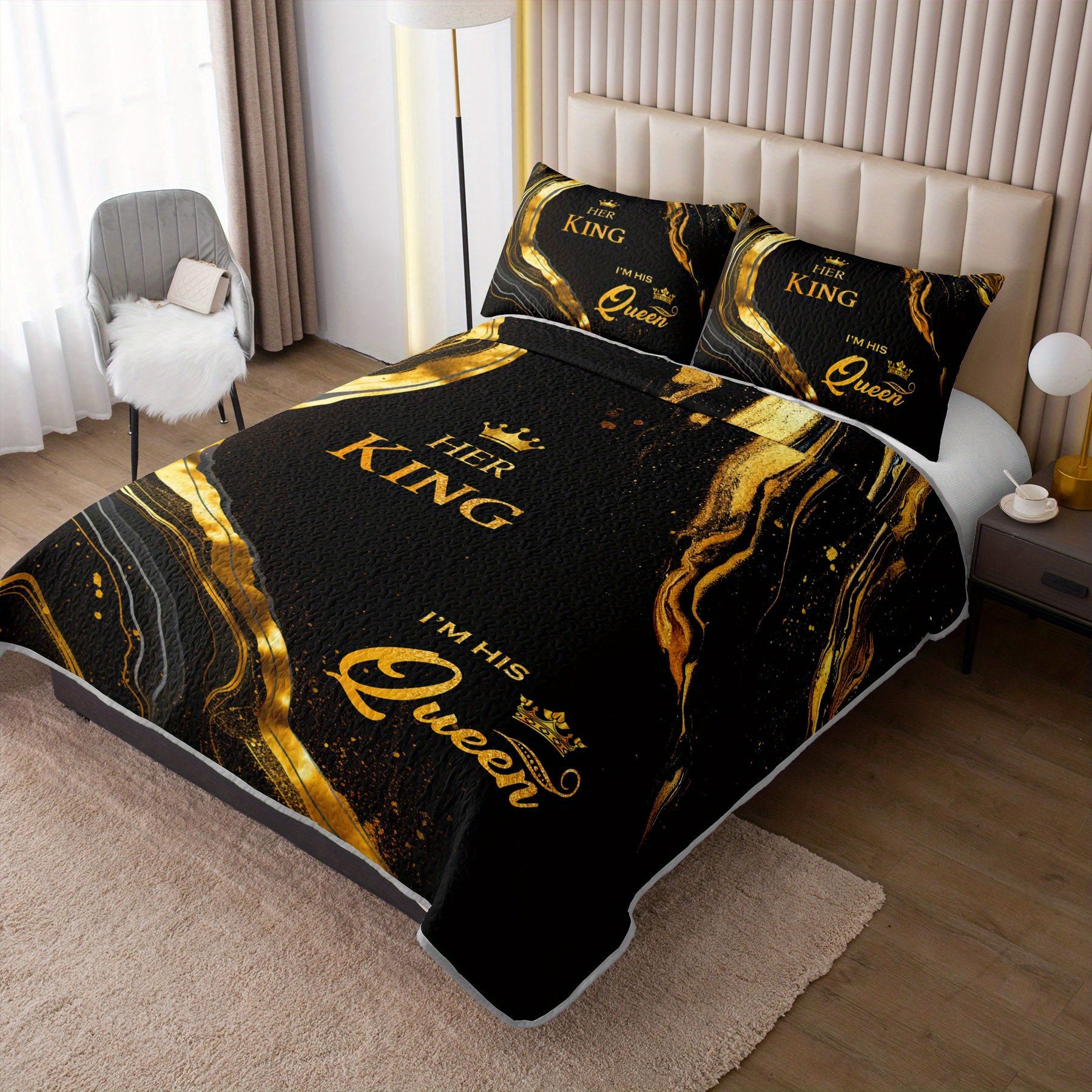 3pcs King Queen Bed cover setLuxury Golden Marble Quilt SetCouple Bedroom Decor Four Seasons (1Quilt+2Pillowcase)