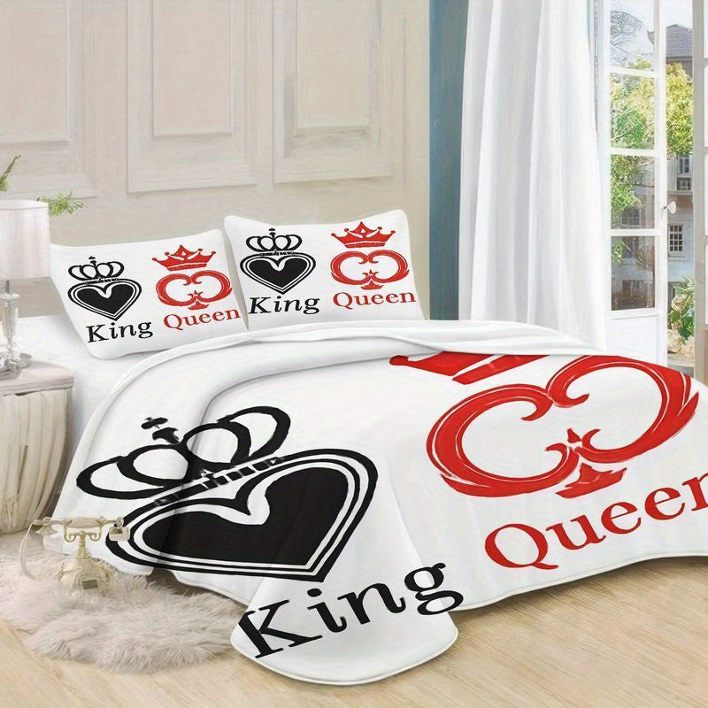 3pcs King Queen Crown Couple Bedding Set White Black Red Royal Pattern Duvet Cover Pillowcase, Romantic Wedding Anniversary Gift Soft Microfiber Sheet Modern Home Bedroom Decoration (1 Duvet Cover + 2 Pillowcases)