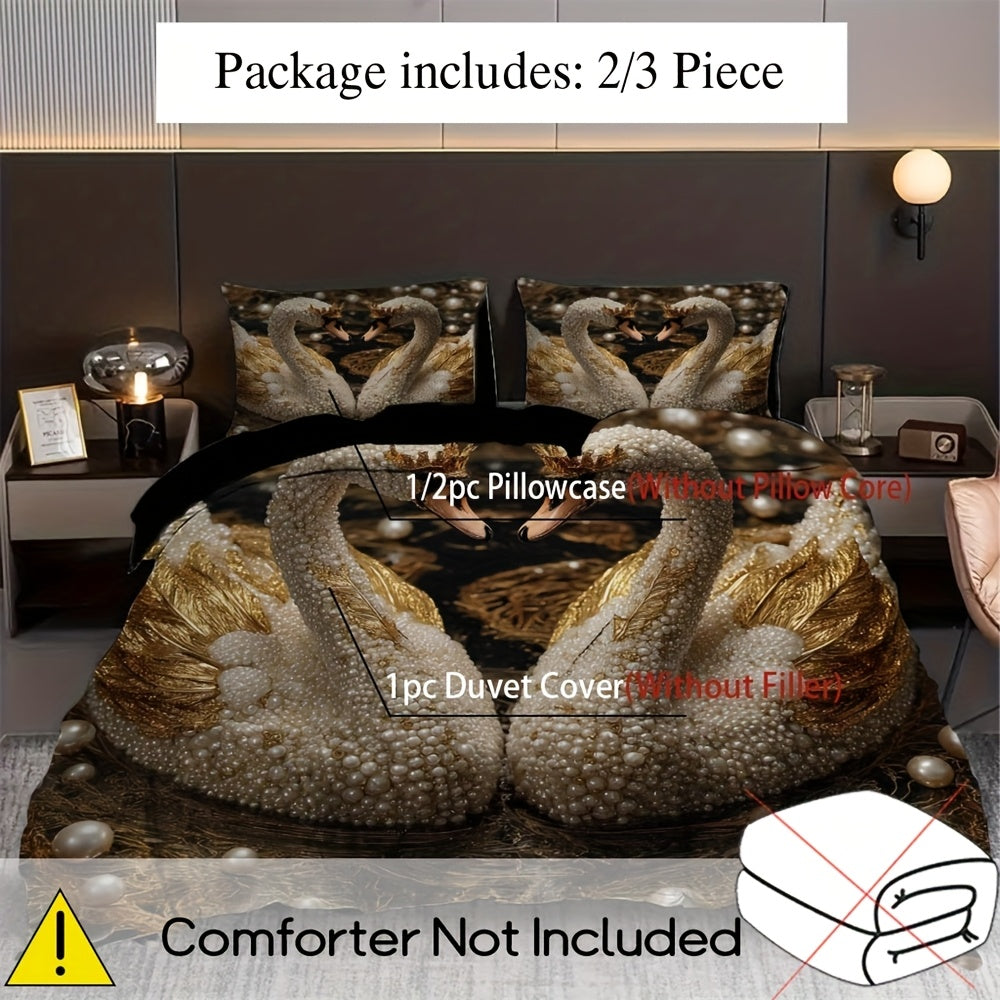 2/3pcs Crown Swan Duvet Cover Set, (1 Duvet Cover + 1/2 Pillowcase, Without Core) Romantic Pearl Swan Print Soft Comfortable Bedding Set for couples, for All Season, Bedroom Dorm Room Family Gift