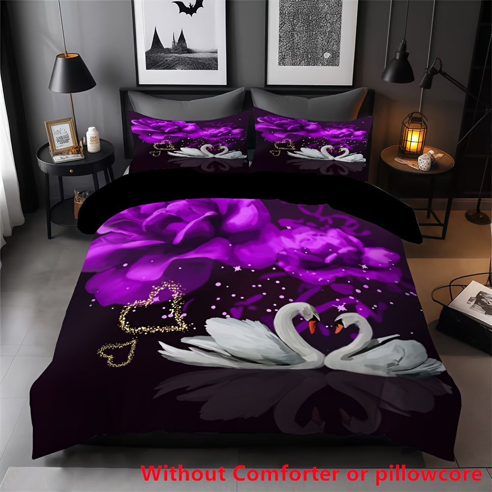 2/3pcs Couple Love Swan Purple Flower Print Duvet Cover Set (1 Duvet Cover + 1/2 Pillowcase, Without Core), Fashion Romantic Valentine's Day Bedding Set, for Bedroom, Dorm, Guest Room Home Decor