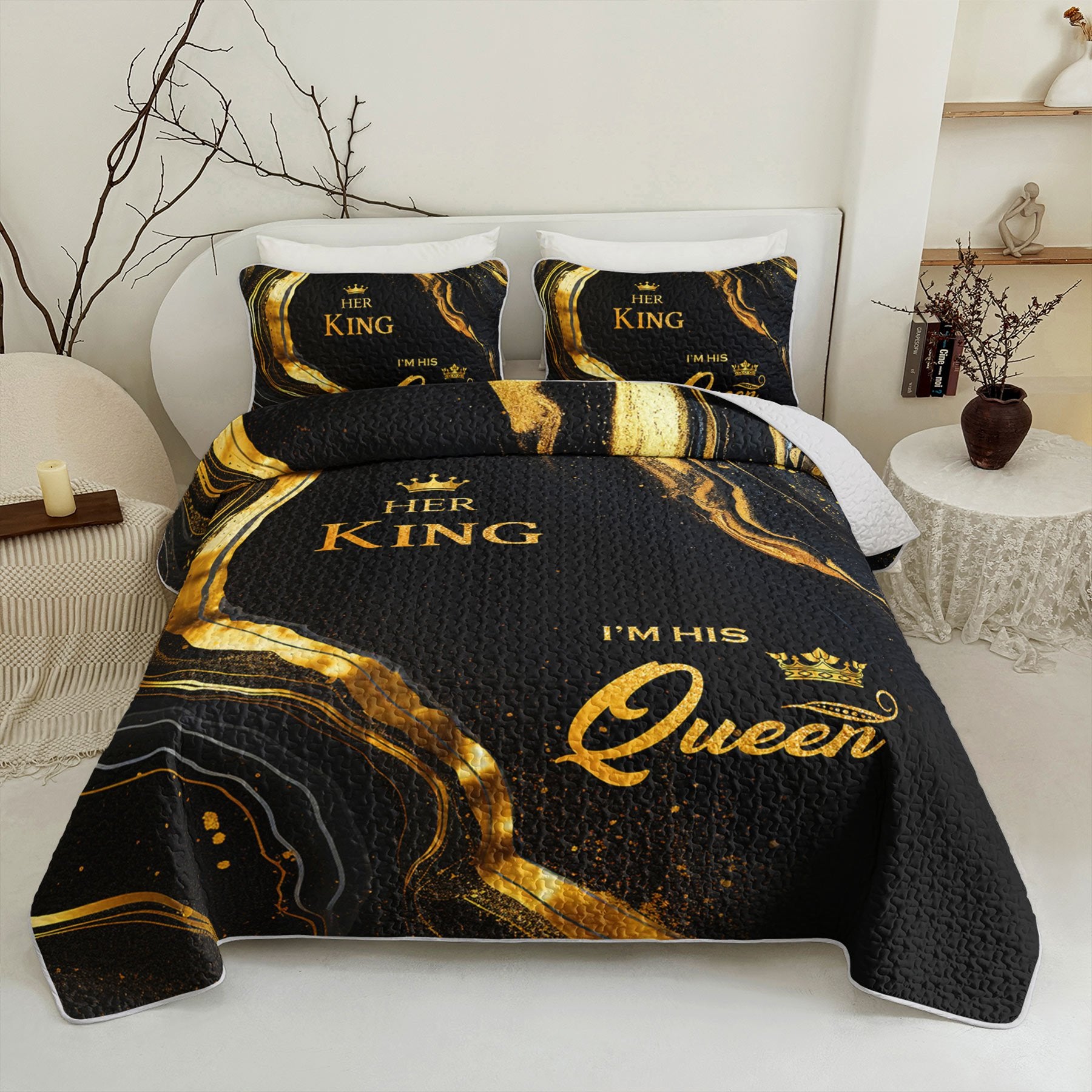 3pcs King Queen Bed cover setLuxury Golden Marble Quilt SetCouple Bedroom Decor Four Seasons (1Quilt+2Pillowcase)
