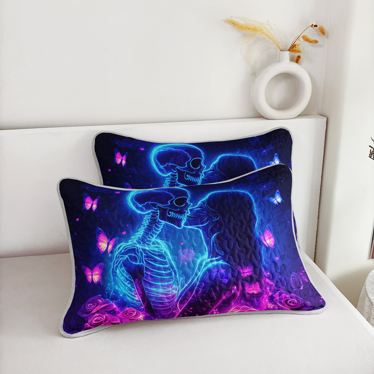 3pcs Romantic Skeleton Couple Rose Butterfly Bed Cover Set - Neon Glowing Roses Quilt, Bohemian Bedroom Decor, Four Seasons, 1 Quilt + 2 Pillowcases, Polyester, Machine Washable, Digital Print, 250-300gsm, Bedroom Decor And Accessories