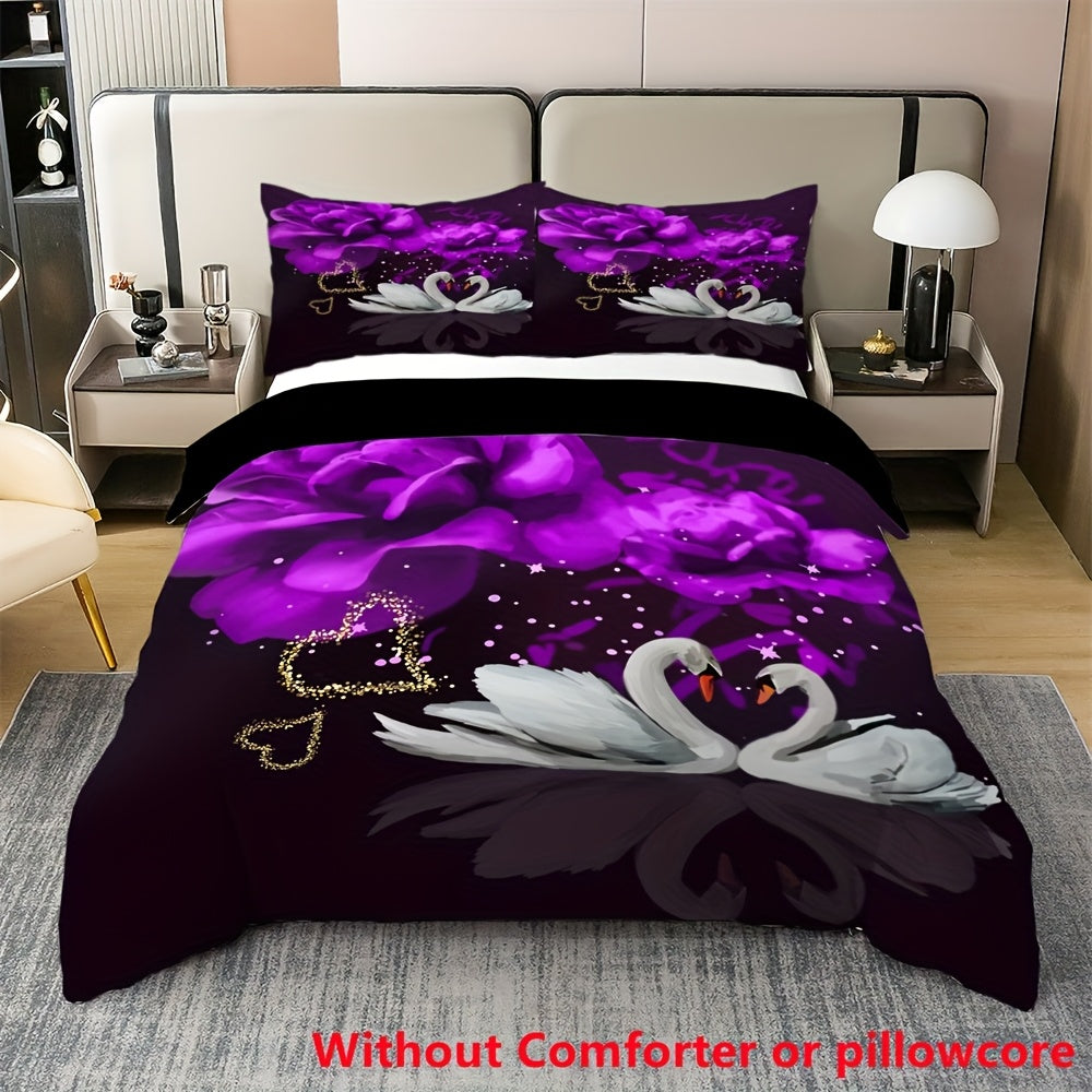 2/3pcs Couple Love Swan Purple Flower Print Duvet Cover Set (1 Duvet Cover + 1/2 Pillowcase, Without Core), Fashion Romantic Valentine's Day Bedding Set, for Bedroom, Dorm, Guest Room Home Decor