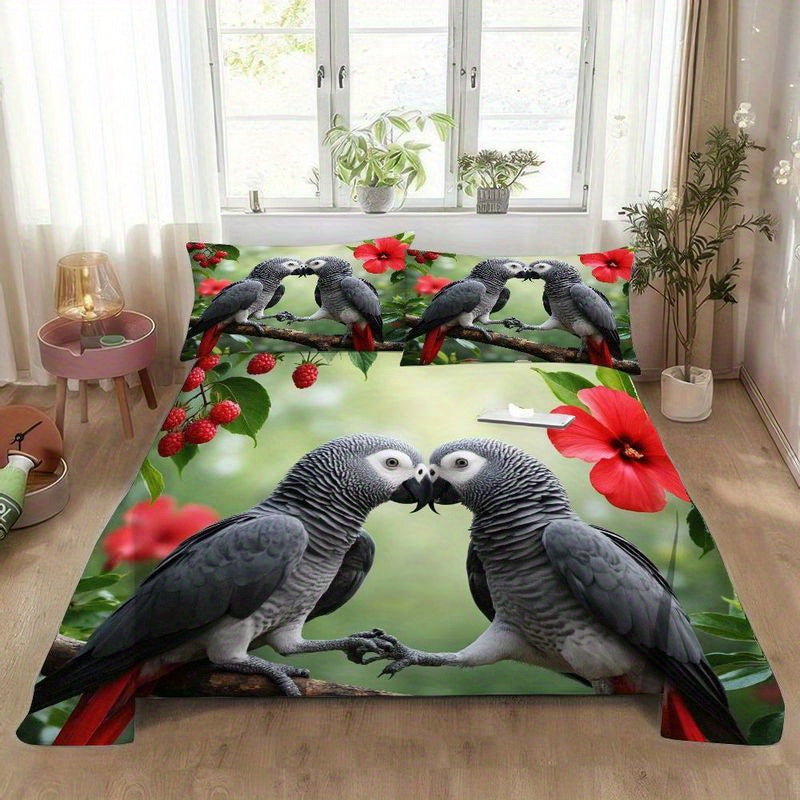 3pcs African Grey Parrot Duvet Cover, Tropical Hibiscus Flower Design Bedding, Romantic Couples Love Birds Print, Soft Brushed Microfiber for Bedroom Guest Room Home Decor 1 Duvet Cover+2 Pillowcases, King Size Duvet Cover, Duvet Cover Set, Bedding