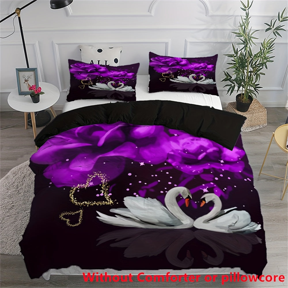 2/3pcs Couple Love Swan Purple Flower Print Duvet Cover Set (1 Duvet Cover + 1/2 Pillowcase, Without Core), Fashion Romantic Valentine's Day Bedding Set, for Bedroom, Dorm, Guest Room Home Decor