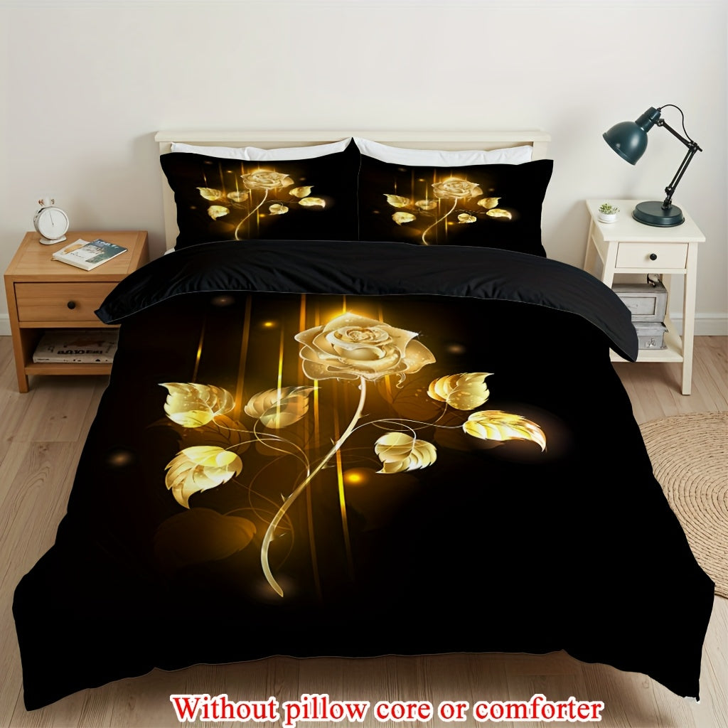 2/3pcs (1 Duvet Cover + 1/2 Pillowcase, Without Core) Golden Rose Flowers Romantic Valentine's Day Branch Flower Garden Couple Print Soft Comfortable Bedding Set for Bedroom Dorm Room Family Gift